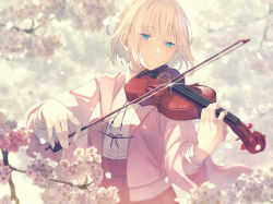 Rule 34 | 1girl, blonde hair, blue eyes, branch, brown jacket, closed mouth, collared shirt, commentary request, dress shirt, flower, fujiwara mizuki, glint, hair between eyes, holding, holding instrument, holding violin, instrument, jacket, long sleeves, open clothes, open jacket, original, petals, pleated skirt, red skirt, shirt, skirt, smile, solo, spring (season), violin, white flower, white shirt