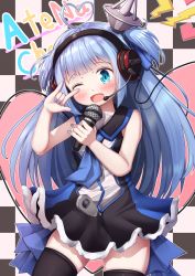 Rule 34 | 1girl, ;d, ahoge, bare arms, black dress, black thighhighs, blue eyes, blue hair, blue nails, blue neckwear, blush, checkered background, commentary request, copyright request, dress, hands up, head tilt, headphones, headset, heart, heart ahoge, highres, holding, holding microphone, lightning bolt symbol, long hair, looking at viewer, microphone, mochiyuki, \\n/, nail art, nail polish, one eye closed, open mouth, pleated dress, sidelocks, sleeveless, sleeveless dress, smile, solo, thighhighs, two side up, very long hair, zipper pull tab