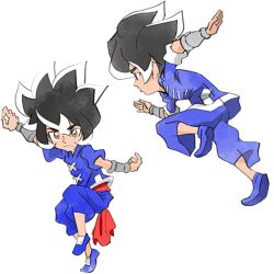 Rule 34 | 1boy, black hair, blue footwear, blue pants, blue shirt, chinese clothes, fighting stance, looking at viewer, martial arts, multicolored hair, multiple views, nintendo, official art, pants, shirt, takeuchi kou, third-party source, two-tone hair, warioware, warioware: get it together!, young cricket