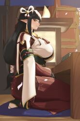 Rule 34 | 1girl, black hair, blunt bangs, book, breasts, cherry blossoms, closed mouth, from side, gloves, hair ornament, hakama, hands on lap, highres, hime cut, indoors, japanese clothes, lantern, large breasts, long hair, looking at viewer, minoto, monoi daru, monster hunter (series), monster hunter rise, pillar, pointy ears, red hakama, robe, rope, seiza, sitting, smile, socks, solo, table, very long hair, white robe, wooden floor, yellow eyes
