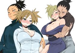 Rule 34 | 1boy, 1girl, absurdres, arm around shoulder, black hair, blonde hair, blush, boruto: naruto next generations, breasts, cleavage, hair over one eye, highres, holding hands, hug, hug from behind, huge breasts, husband and wife, japanese clothes, kimono, large breasts, mature female, mature male, nara shikamaru, naruto (series), naruto shippuuden, off shoulder, paid reward available, parted lips, quad tails, simple background, smile, sweatdrop, temari (naruto), twintails, white background, whoopsatro