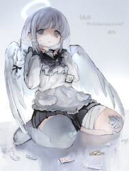 Rule 34 | 1girl, angel, bandaid, bandaid on leg, commission, expressionless, feathered wings, feathers, grey eyes, grey hair, grey shirt, halo, highres, long hair, looking at viewer, original, parted lips, shirt, single thighhigh, sitting, skeb commission, skirt, solo, tearing up, thighhighs, wings, youyuu (melt yo103)