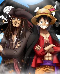 Rule 34 | 2boys, artist name, beard, black hair, closed mouth, crossed arms, crossover, eyeshadow, facial hair, facial scar, hat, highres, instagram logo, instagram username, jack sparrow, jewelry, jolly roger, long hair, looking at viewer, makeup, monkey d. luffy, multiple boys, mustache, one piece, pirate, pirate costume, pirate hat, pirates of the caribbean, rakara11 (rakkarts), ring, scar, scar on cheek, scar on face, short hair, smile, straw hat
