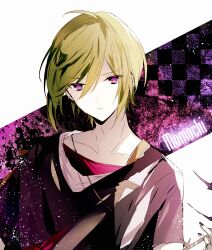 Rule 34 | 1boy, black background, black nails, black shirt, character name, dear vocalist, green hair, highres, looking at viewer, male focus, momochi (dear vocalist), multicolored background, nail polish, purple background, purple eyes, qi7pi, shirt, short hair, short sleeves, solo, white background