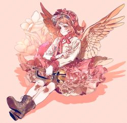 Rule 34 | 1girl, blush, bonnet, boots, bow, character name, character request, copyright request, corsage, crossed ankles, diagonal stripes, ena (enaa97), feathered wings, flower, green eyes, hair flower, hair ornament, hand on own arm, highres, holding, holding instrument, horn (instrument), instrument, lace-trimmed sleeves, lace trim, layered skirt, long sleeves, looking at viewer, pink bow, pink hair, pink ribbon, pink skirt, ribbon, short hair, skirt, smile, solo, striped, striped background, wings