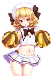 Rule 34 | 1girl, blonde hair, blush, cheerleader, chestnut, chestnut mouth, drill hair, ebi 193, gluteal fold, hat, looking at viewer, luna child, midriff, navel, open mouth, panties, pom pom (cheerleading), red eyes, short hair, simple background, skirt, solo, touhou, underwear