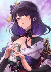 Rule 34 | 1girl, armor, artist name, blue sky, blunt bangs, blurry, blurry background, blush, bottle, braid, breasts, bridal gauntlets, cherry blossoms, cleavage, collarbone, flower, flower ornament, genshin impact, hair ornament, highres, hitsujino mery, holding, holding bottle, japanese clothes, kimono, looking at viewer, low-braided long hair, low-tied long hair, medium breasts, milk bottle, mitsudomoe (shape), mole, mole under eye, neck ribbon, obi, obiage, obijime, off shoulder, open mouth, parted bangs, purple eyes, purple flower, purple hair, purple kimono, purple nails, raiden shogun, ribbon, sash, shoulder armor, shrug (clothing), sidelocks, sky, tomoe (symbol), upper body