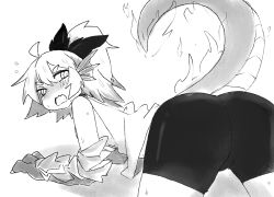 Rule 34 | 1girl, ahoge, animal hands, ass, bad link, bent over, bike shorts, blush, bow, claws, embarrassed, fang, fiery tail, fins, flying sweatdrops, from behind, greyscale, hair bow, head fins, highres, latenight, lizard tail, long hair, looking at viewer, looking back, monochrome, monster girl, monster girl encyclopedia, open mouth, ponytail, reptile girl, salamander (monster girl encyclopedia), second-party source, simple background, solo, sweat, tail, white background