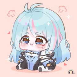 Rule 34 | 1girl, azura cecillia, blue eyes, blue hair, blush, braid, chibi, commentary, commission, english commentary, heart, highres, indonesian commentary, mixed-language commentary, multicolored hair, nijisanji, nijisanji id, pilot suit, pink background, pink hair, pout, rie.sabilsd, second-party source, side braid, solo, streaked hair, tearing up, virtual youtuber