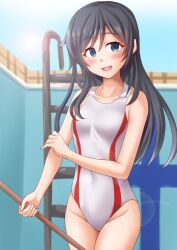 Rule 34 | 1girl, alternate costume, anti (untea9), asashio (kancolle), black hair, blue eyes, breasts, broom, competition swimsuit, cowboy shot, day, highres, holding, holding broom, kantai collection, long hair, looking at viewer, one-piece swimsuit, open mouth, outdoors, pool, pool ladder, red one-piece swimsuit, small breasts, solo, sun, swimsuit, white one-piece swimsuit