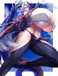 Rule 34 | 1girl, abs, action, armor, armpits, artist name, bare shoulders, belt, black pants, blue background, blue eyes, border, breasts, bursting breasts, cleavage, collared shirt, dragon girl, dragon horns, dragon tail, dragon wings, ear piercing, gauntlets, gigantic breasts, gradient background, high heels, high ponytail, highleg, highleg panties, highres, holding, holding sword, holding weapon, horns, long hair, lowleg, lowleg pants, navel, original, panties, pants, piercing, pointy ears, propellercube, red panties, reflection, sheath, shirt, sideless outfit, solo, sweat, sword, tail, thong, toned, underboob, undersized clothes, underwear, unsheathed, very long hair, weapon, white border, white hair, white shirt, wings