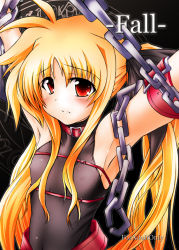 Rule 34 | 00s, 1girl, armpits, arms up, blonde hair, blush, chain, cuffs, eyebrows, fate testarossa, fate testarossa (lightning form), frown, kunon, lyrical nanoha, mahou shoujo lyrical nanoha, outstretched arms, red eyes, restrained, shackles, sidelocks, solo, twintails