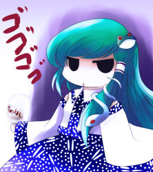 Rule 34 | 1girl, angry, chibi, detached sleeves, female focus, frog, gradient background, green hair, hair ornament, highres, japanese clothes, jar, kochiya sanae, long hair, open mouth, snake, solo, touhou, yume shokunin