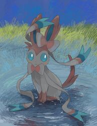 Rule 34 | animal focus, blue sky, closed mouth, creatures (company), day, full body, game freak, gen 6 pokemon, grass, highres, looking at viewer, nintendo, nishinori (24no71), no humans, outdoors, pokemon, pokemon (creature), sitting, sky, solo, sylveon, water
