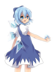 Rule 34 | 1girl, :d, bad id, bad pixiv id, blue eyes, blue hair, bow, cirno, dress, embodiment of scarlet devil, hair bow, holding, ice, matching hair/eyes, open mouth, ribbon, short hair, simple background, smile, solo, touhou, white background, wings, yuzuha (artist)