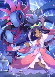 Rule 34 | 1girl, :d, absurdres, arms up, blush, brown eyes, closed eyes, commentary request, creatures (company), dark-skinned female, dark skin, fence, game freak, gen 5 pokemon, happy, highres, hydreigon, iris (pokemon), looking at viewer, nintendo, open mouth, pink skirt, pokemon, pokemon (creature), pokemon bw2, pon yui, ponytail, sandals, skirt, smile, teeth, tiara, toes, tongue, upper teeth only, v-neck, white footwear, white skirt, wide sleeves