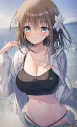 Rule 34 | 1girl, air bubble, beach, black shirt, blue jacket, blurry, blurry background, blush, braid, breasts, bubble, charlotte corday (fate), charlotte corday (swimsuit caster) (fate), charlotte corday (swimsuit caster) (first ascension) (fate), cleavage, closed mouth, cloud, collarbone, crop top, fate/grand order, fate (series), flower, hair between eyes, hair flower, hair ornament, hair strand, hand up, highres, jacket, jewelry, kuro futoshi, long sleeves, looking at viewer, medium breasts, medium hair, messy hair, midriff, navel, necklace, open clothes, open jacket, shirt, sidelocks, sky, smile, solo, standing, upper body, water