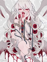 Rule 34 | :&gt;=, albino, blood, cthulhu mythos, detached sleeves, extra eyes, fellatio gesture, flat chest, long hair, long tongue, looking at viewer, nail polish, open mouth, personification, red eyes, red nails, sharp teeth, teeth, tongue, tongue out, white hair, yaemugura