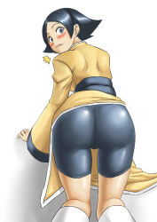 Rule 34 | 1girl, ^^^, all fours, ass, bike shorts, black hair, blue eyes, blush, breasts, chinese clothes, from behind, highres, leg warmers, looking back, lynn baker, rage of the dragons, sash, short hair, snk, socks, solo, surprised, tsukumo (inatsuku), white background