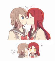 Rule 34 | 2girls, ^^^, bad id, bad pixiv id, blue eyes, blush, brown hair, closed eyes, covering own mouth, hand over own mouth, highres, kiss, love live!, love live! sunshine!!, multiple girls, red hair, sakurauchi riko, school uniform, simple background, uranohoshi school uniform, watanabe you, white background, yuri, yuyu (yuyunnm)