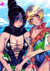 Rule 34 | 2girls, absurdres, alternate costume, animification, apex legends, black hair, black one-piece swimsuit, black scarf, blonde hair, blue eyes, blue one-piece swimsuit, blush, breasts, cleavage, cloud, collarbone, facial scar, hair bun, highres, holding, holding stuffed toy, large breasts, looking to the side, medium breasts, multiple girls, nessie (respawn), one-piece swimsuit, open mouth, same-tan, scar, scar on cheek, scar on face, scarf, short hair, single hair bun, sitting, stuffed toy, swimsuit, water, wattson (apex legends), wraith (apex legends)