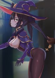 Rule 34 | 1boy, 1girl, :o, alley, bent over, black hair, black pantyhose, blush, breasts, breasts out, cowboy shot, evasong, from side, fur collar, genshin impact, gloves, green eyes, hat, highres, holding, holding own hair, leotard, long hair, looking at viewer, medium breasts, mona (genshin impact), nipples, pantyhose, profile, purple leotard, wall, witch hat