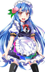 Rule 34 | 1girl, :d, adapted costume, alternate costume, apron, black thighhighs, blue hair, bow, bowtie, collared shirt, dress, e.o., enmaided, food, food on head, frilled skirt, frills, fruit, fruit on head, highres, hinanawi tenshi, long hair, looking at viewer, maid, maid apron, maid headdress, object on head, open mouth, peach, puffy short sleeves, puffy sleeves, red eyes, shirt, short sleeves, skirt, smile, solo, thighhighs, touhou, tsurime, very long hair, zettai ryouiki