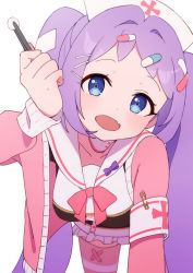 Rule 34 | 1girl, afnroll, armband, blue archive, blue eyes, blush, breasts, cotton ball, crossed bandaids, fang, hair ornament, hairclip, hanae (blue archive), hat, highres, looking at viewer, nurse cap, open mouth, pill hair ornament, pink ribbon, pink sweater, purple hair, ribbon, sailor collar, simple background, skin fang, solo, sweater, twintails, white background, white sailor collar