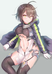 Rule 34 | 1girl, :3, ahoge, artist name, azur lane, baltimore (azur lane), black coat, black thighhighs, blush, braid, breasts, brown hair, center opening, coat, cocoasabure, commentary request, gloves, hair between eyes, highres, large breasts, long sleeves, looking at viewer, navel, open clothes, open coat, revealing clothes, short hair, sitting, smile, solo, stomach, thighhighs, thighs, v-shaped eyebrows, white gloves, yellow eyes