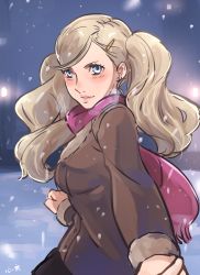 Rule 34 | 1girl, 1other, ambiguous gender, blonde hair, blue eyes, earrings, hair ornament, hairclip, holding hands, jacket, jewelry, kokomi (aniesuakkaman), lips, long hair, out of frame, outstretched hand, persona, persona 5, pov, scarf, snow, standing, stud earrings, takamaki anne, twintails, winter clothes