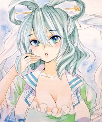 1girl, aqua dress, aqua hair, bangs, blue background, blue eyes, blush, breasts, cleavage, collarbone, commentary request, dress, drill locks, eyebrows visible through hair, frills, hagoromo, hair between eyes, hair ornament, hair rings, hair stick, hand up, kaku seiga, large breasts, looking at viewer, marker (medium), matsuppoi, medium hair, open clothes, open vest, parted lips, puffy short sleeves, puffy sleeves, shawl, short sleeves, simple background, solo, touhou, traditional media, upper body, vest, wavy hair, white vest