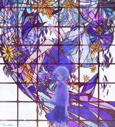 Rule 34 | 1girl, 72 (nananatsu), blue hair, female focus, fish, grid, looking at viewer, original, purple eyes, short hair, skirt, solo, stained glass, standing, star (symbol), wind
