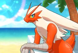 1other beach beak blaziken blonde_hair blue_eyes claws colored_sclera commentary creatures_(company) furry game_freak gen_3_pokemon highres nintendo other_focus outdoors palm_tree pokemon pokemon_(creature) sokishii solo tail tree twitter_username yellow_sclera