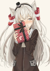 Rule 34 | 1girl, amatsukaze (kancolle), blush, box, brown dress, brown eyes, covering face, dress, gift, gift box, hair tubes, holding, holding gift, kantai collection, long hair, looking away, remil, silver hair, simple background, solo, valentine, white background