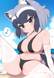 Rule 34 | 1girl, animal ear fluff, animal ears, bare shoulders, beach, bikini, black bikini, black hair, breasts, brown eyes, cameltoe, cleft of venus, closed mouth, collarbone, common raccoon (kemono friends), day, elbow gloves, gloves, gluteal fold, grey hair, hair between eyes, halterneck, head tilt, highres, horizon, kemono friends, knee up, large breasts, leaning back, looking at viewer, medium hair, multicolored hair, musical note, navel, ocean, on ground, outdoors, raccoon ears, raccoon girl, raccoon tail, ransusan, sand, seductive smile, sitting, skindentation, smile, solo, spoken musical note, spread legs, stomach, strap gap, swimsuit, tail, thighhighs, thighs, water, white gloves, white hair, white thighhighs