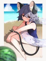 Rule 34 | 1girl, absurdres, animal ears, annoyed, artist name, beach, blue one-piece swimsuit, border, grey hair, highres, innertube, looking at viewer, mouse ears, mouse girl, mouse tail, nazrin, one-piece swimsuit, red eyes, shadow, solo, swim ring, swimsuit, tail, take no ko (4919400), touhou, white border