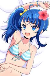 Rule 34 | 1girl, ahoge, arm up, bed sheet, bikini, blue bikini, blue eyes, blue hair, bow, bracelet, breasts, commentary, cut bangs, flower, from above, front-tie bikini top, front-tie top, hair bow, hair flower, hair ornament, halterneck, hibiscus, highres, hirogaru sky! precure, jewelry, kaatsu katsurou, looking at viewer, lying, medium hair, navel, on back, on bed, open mouth, precure, side ponytail, single sidelock, small breasts, smile, solo, sora harewataru, striped bikini, striped clothes, swimsuit, yellow bow