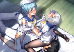 Rule 34 | 10s, 1boy, 2girls, admiral (kancolle), ass, blue eyes, blue hair, blush, bottomless, clothed sex, cum, cum in pussy, cunnilingus, cunnilingus through clothes, elbow gloves, feet, gloves, h kasei, hamakaze (kancolle), hat, heart, heart-shaped pupils, holding hands, interlocked fingers, kantai collection, long hair, lying, multiple girls, no pants, no shoes, open fly, oral, orgasm, pantyhose, personification, petite, reverse spitroast, school uniform, serafuku, sex, short hair, silver hair, sitting, sitting on face, sitting on person, symbol-shaped pupils, tears, urakaze (kancolle), vaginal, white gloves, white hat