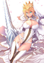 Rule 34 | 1girl, arm support, artoria pendragon (fate), artoria pendragon (lancer) (fate), blonde hair, blue eyes, blush, breasts, bridal veil, cape, cleavage, cosplay, crown, fate/grand order, fate (series), fur-trimmed cape, fur trim, garter straps, heattech leotard, highres, large breasts, leotard, long hair, nero claudius (bride) (fate), nero claudius (bride) (fate) (cosplay), nero claudius (bride) (second ascension) (fate), nero claudius (fate), nero claudius (fate) (all), rhongomyniad (fate), sidelocks, smile, solo, thighhighs, turtleneck, untue, veil, white leotard, white thighhighs, zipper, zipper pull tab