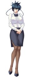 Rule 34 | 00s, 1girl, black hair, bow, breasts, curvy, formal, game cg, green eyes, grin, hair ornament, high heels, huge breasts, igawa asagi, jacket, kagami hirotaka, large breasts, lilith-soft, looking at viewer, own hands together, pantyhose, pencil skirt, ribbon, shoes, skirt, skirt suit, smile, solo, suit, taimanin (series), taimanin asagi, taimanin asagi 3, transparent background