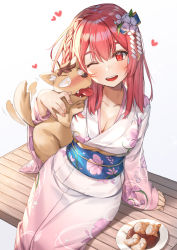 Rule 34 | 1girl, ;d, animal, blush, braid, breasts, cleavage, collarbone, commentary request, dog, flower, food, hair flower, hair ornament, heart, highres, holding, holding animal, japanese clothes, kanojo okarishimasu, kimono, large breasts, long sleeves, mixed-language commentary, obi, one eye closed, open mouth, piyo (pixiv 2308057), red eyes, red hair, sakurasawa sumi, sash, short hair, simple background, sitting, smile, solo, tail, tail wagging, tongue, tongue out, white background, white kimono