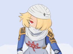 Rule 34 | 1girl, androgynous, animated, animated gif, armor, blonde hair, blue background, bodysuit, covered navel, cum, ejaculation, eyes visible through hair, facial, hair over one eye, implied handjob, liveactors, mask, nintendo, pov, red eyes, sheik, suggestive fluid, super smash bros., the legend of zelda, the legend of zelda: ocarina of time, turban