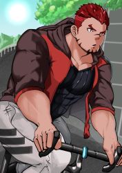 Rule 34 | 1boy, :o, absurdres, akashi (live a hero), bara, bicycle, black shirt, brown hoodie, facial hair, feet out of frame, goatee, gradient hair, highres, hood, hoodie, large pectorals, live a hero, long sideburns, male focus, multicolored hair, muscular, orange hoodie, outdoors, pants, pectorals, red eyes, red hair, riding, road bicycle, rukering, shirt, short hair, sideburns, simple background, sleeves rolled up, solo, thick eyebrows, thick thighs, thighs, tight clothes, tight pants, undercut