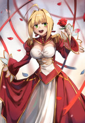 1girl ahoge blonde_hair breasts cleavage corset epaulettes fate/extra fate_(series) flower green_eyes hair_intakes highres holding holding_flower medium_breasts nero_claudius_(fate) nero_claudius_(fate)_(all) nero_claudius_(fate/extra) open_mouth petals red_flower red_ribbon red_rose ribbon rose short_hair solo yorktown_cv-5