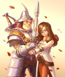 Rule 34 | 1boy, 1girl, adelbert steiner, armor, beatrix (ff9), belt, bracer, breastplate, breasts, brown eyes, brown hair, chainmail, cleavage, couple, curly hair, dress, eyepatch, falling petals, final fantasy, final fantasy ix, hair over one eye, hat feather, helmet, holding, holding hands, holding sword, holding weapon, knight, large breasts, long hair, looking at another, loose belt, multiple belts, nail polish, parted lips, petals, plate armor, regan (hatsumi), shoulder strap, sleeveless, sleeveless dress, smile, sword, upper body, weapon, weapon on back