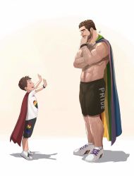 Rule 34 | 2boys, bandaid, bandaid on face, bandaid on nose, bara, black shorts, bracelet, brown hair, cape, chest hair, child, closed mouth, facial hair, father and son, highres, jewelry, jojiart, large pectorals, leg hair, lgbt pride, looking at another, multiple boys, muscular, muscular male, open mouth, original, pectorals, red cape, shirt, short hair, shorts, smile, topless male, white shirt