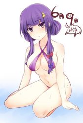 Rule 34 | 1girl, alternate hairstyle, bikini, bow, breasts, cleavage, crescent, crescent hair ornament, date pun, double bun, gradient background, hair bow, hair bun, hair ornament, jpeg artifacts, looking at viewer, mukyuu day, navel, number pun, panties, patchouli knowledge, purple bikini, purple eyes, purple hair, rimu (kingyo origin), simple background, sitting, solo, swimsuit, touhou, underwear, wet