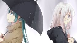 Rule 34 | 2girls, bad id, bad pixiv id, black jacket, black umbrella, blue eyes, brown sweater, cellphone, closed mouth, commentary request, earrings, fingernails, glint, green hair, hachimitsu honey, hair between eyes, hatsune miku, holding, holding phone, holding umbrella, hood, hood down, hooded jacket, ia (vocaloid), jacket, jewelry, long hair, looking away, looking down, looking up, multiple girls, parted lips, phone, purple eyes, rain, stud earrings, sweater, tears, umbrella, upper body, very long hair, vocaloid, white hair