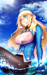 Rule 34 | 10s, 1girl, atago (kancolle), beret, big.g, black pantyhose, blonde hair, blue eyes, breasts, covered erect nipples, crotch seam, gloves, hat, highres, huge breasts, kantai collection, nipples, no bra, panties, panties under pantyhose, pantyhose, partially submerged, see-through, sitting, smile, solo, underwear, water, wet, wet clothes