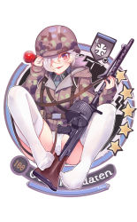 Rule 34 | 1girl, camouflage, camouflage headwear, camouflage jacket, company of heroes, fangs, full body, german army, gun, hair over one eye, hat, helmet, highres, holding, holding gun, holding weapon, jacket, light bulb, looking at viewer, machine gun, mg 34, military, military hat, military jacket, military uniform, obersoldaten (company of heroes), open mouth, original, panties, purple eyes, purple hair, sign, simple background, smile, solo, star (symbol), thighhighs, tongue, tongue out, underwear, uniform, weapon, white background, white panties, white thighhighs, world war ii, zhainan s-jun